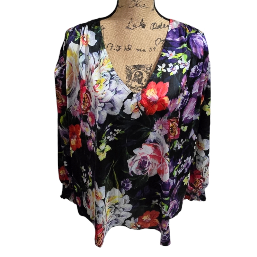 Catherine Malandrino Floral V-Neck Blouse Black Purple Plus Size 3X NWT